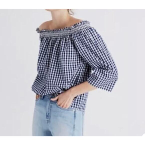 Madewell Smocked Gingham Off the Shoulder Navy and White‎ Top XS (2369) - Picture 1 of 6